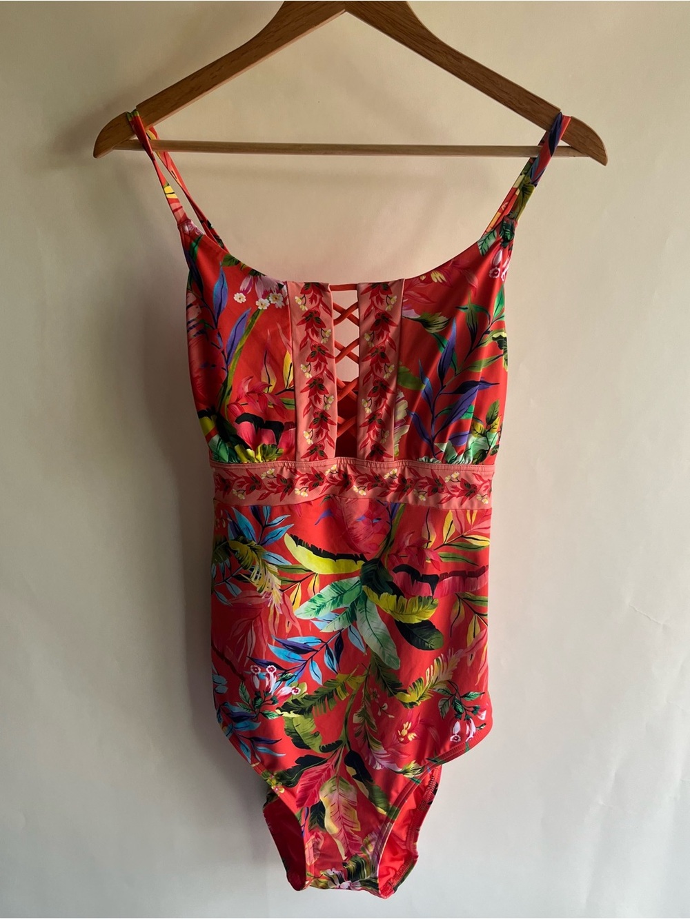 Lands’ End Swimsuit Sz 16 Removable Pads One Piece Orange Hawaiian Floral EUC